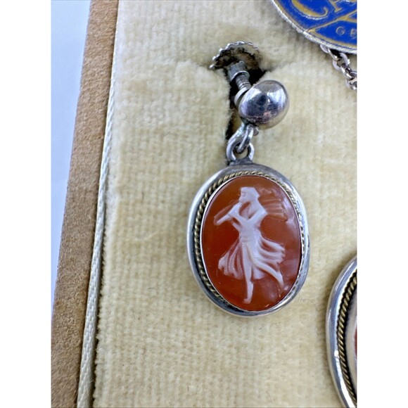 Art Deco Antique Cameo  Earrings Necklace Set 800 Silver Original Box Italy - Picture 3 of 9
